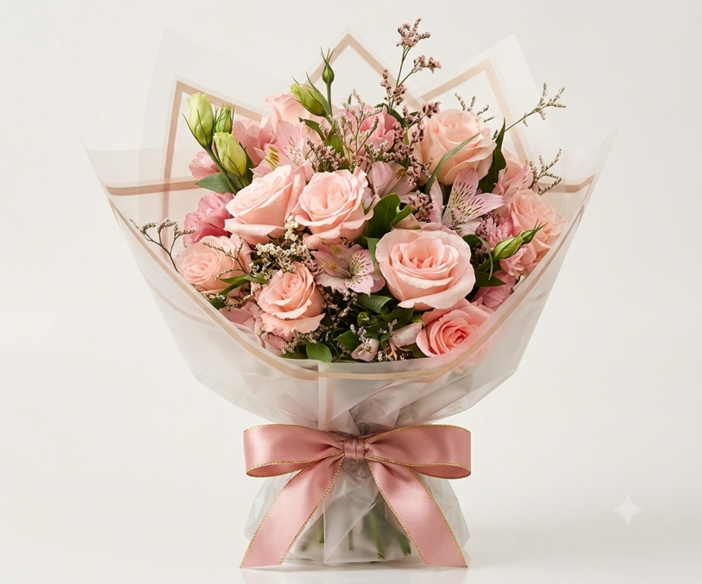 Buquê Brilho de Rosas com rosas em tom rosa claro, astromélias, limonium, gipsófila e embalagem premium translúcida.